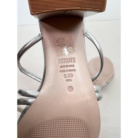 Schutz Silver Strappy Design Block Heel Open Toe Sandal Leather Womens Size 8.5B - Picture 10 of 13